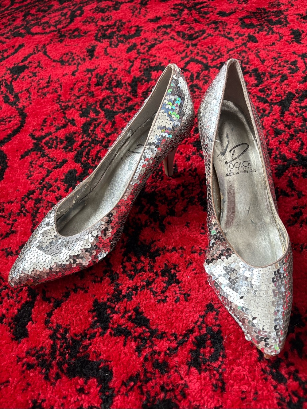 Silver Sequin Pointed-Toe Heels